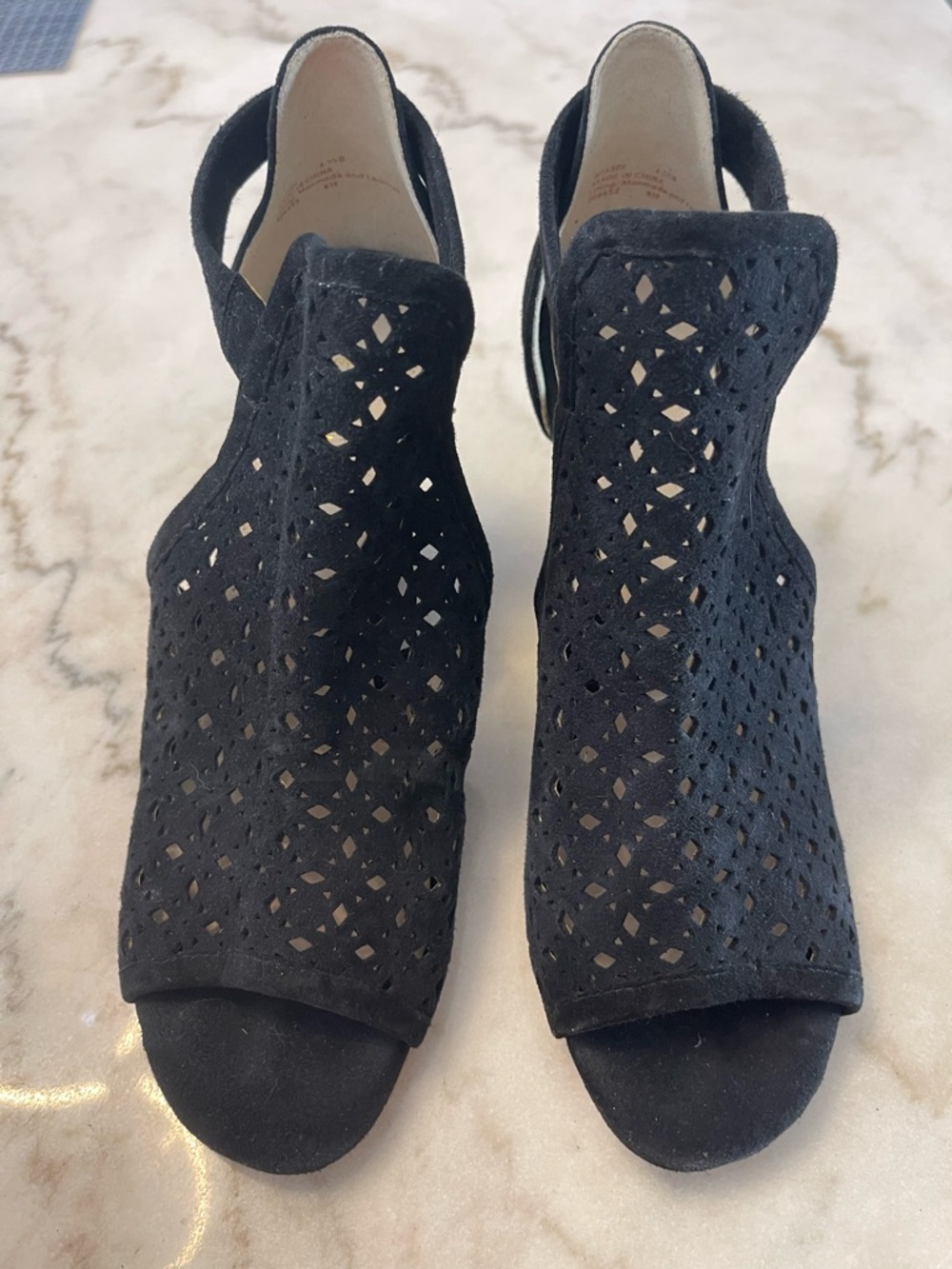 Cole Haan Black Laser-Cut Peep-Toe Slingback Edie Wedge Heels